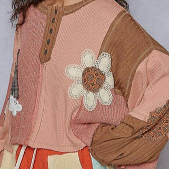 POL NEW Cropped Patchwork Waffle Knit Sweater Pink Brown...
